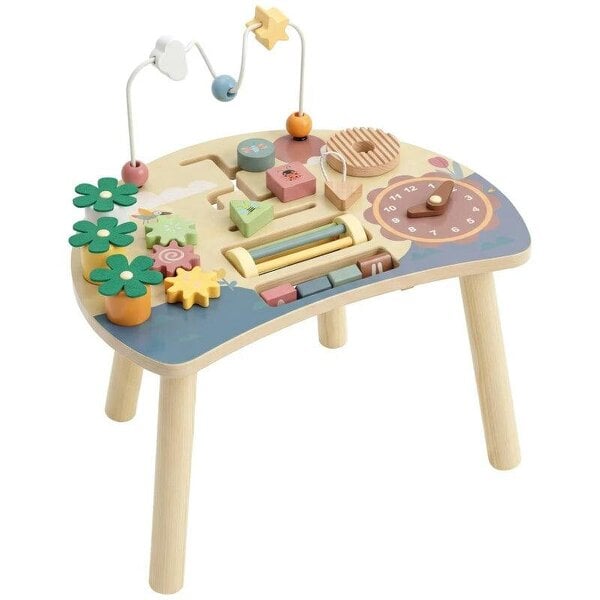 Wooden Baby Activity Table for 1-3 Years, 6-in-1 Montessori Activity Table with Gears, Bead Maze, Rotating Clock
