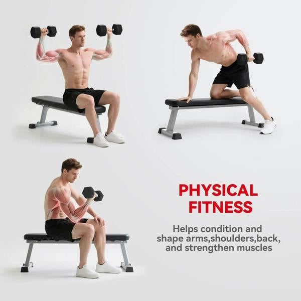 Man training with black hex rubber dumbbells in multiple strength poses