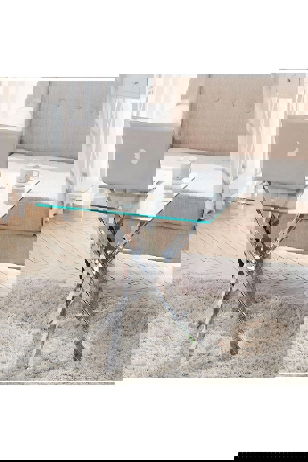 Living and Home Modern Square Tempered Glass Top Coffee End Table with Chrome Cross Leg