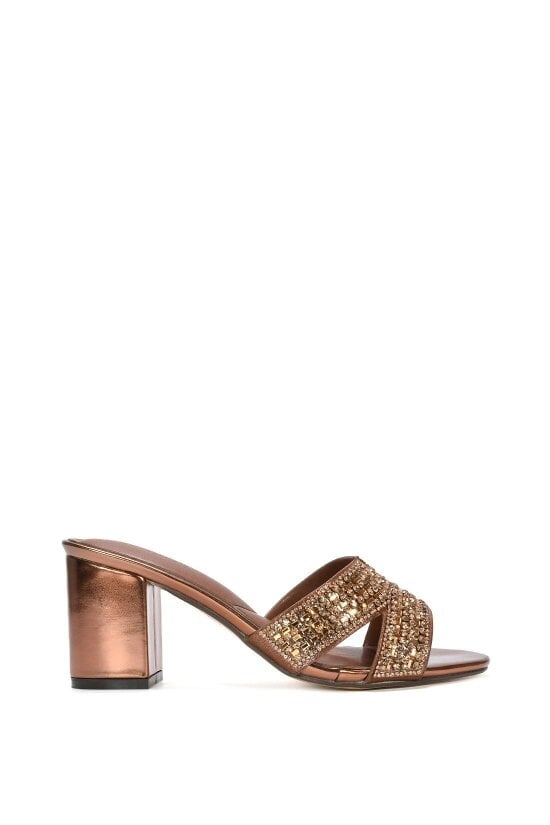 XY LONDON Sparkly Diamante Strappy Mid Block Heeled Sandal Mules - Bronze