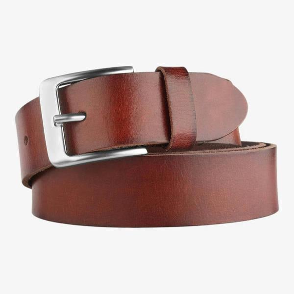 Brown leather belt with a silver buckle on a white background