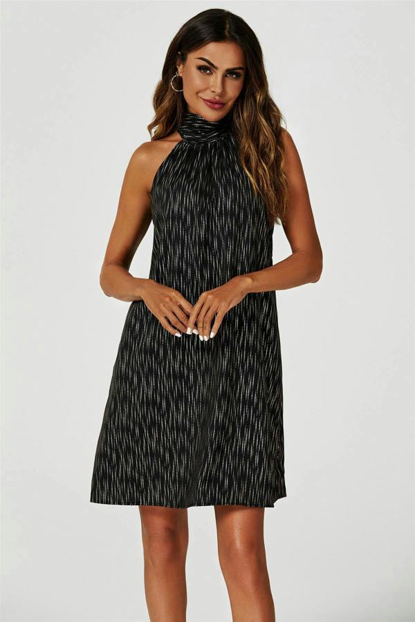 FS Collection Gold Foil Halter Neck Tie Back Mini Dress In Black