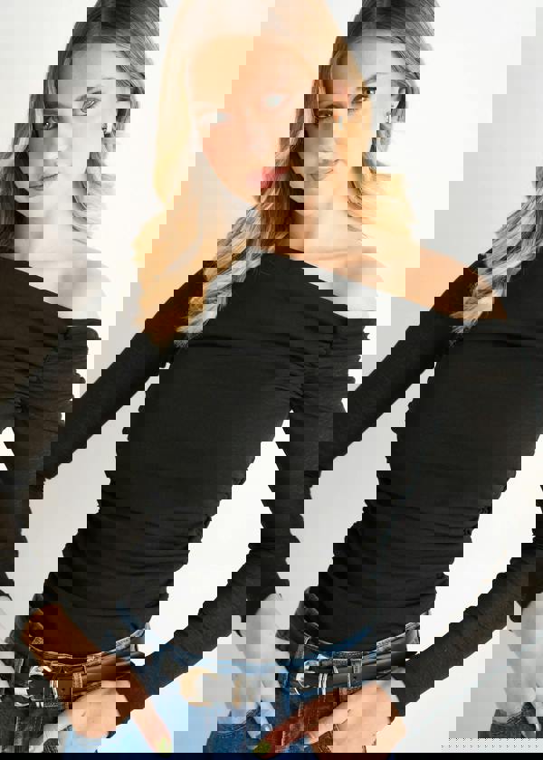 Gini London Black Jersey Slash Neck Long Sleeve Top