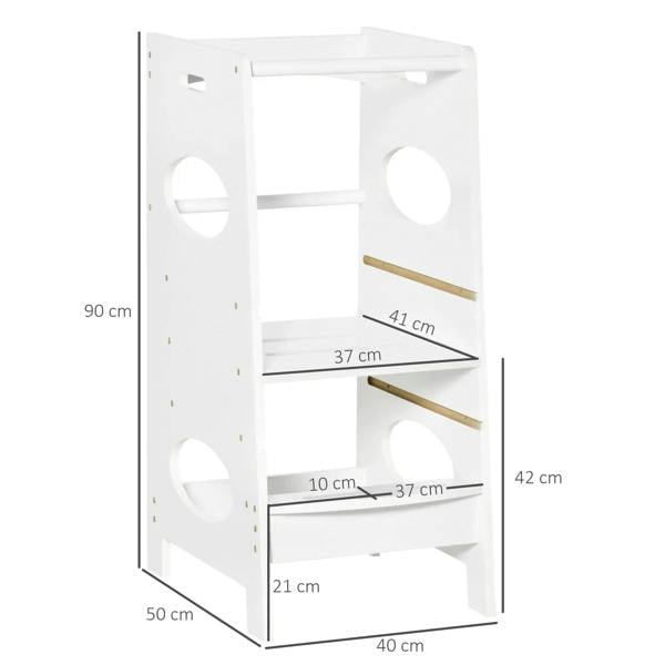 White adjustable step stool tower with safety rail and numbered size diagram