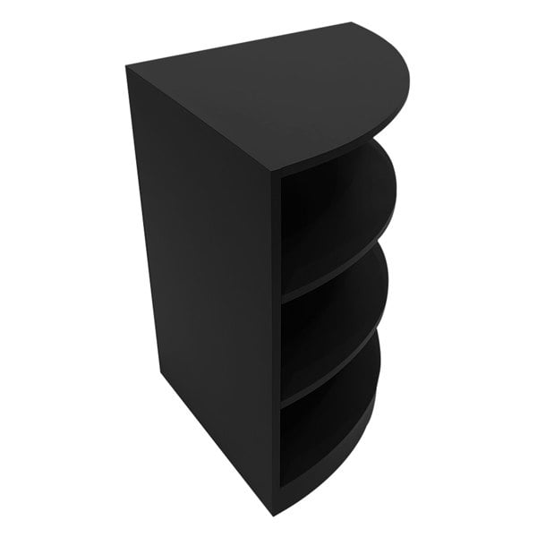 Theseus LED shop counter set in sleek black, featuring a curved design with four open shelves for stylish display and storage
