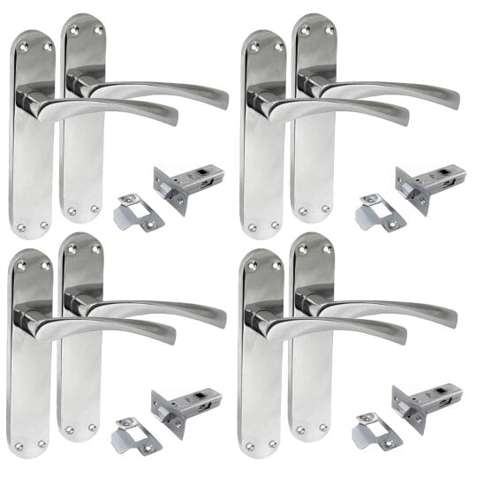 EDH Door Hardware Polished Chrome Twist Door Handle Set,Interior Latch Lever on Long Back Plate with Tubular Latch (4 Pair of Handles + Tubular Latch)
