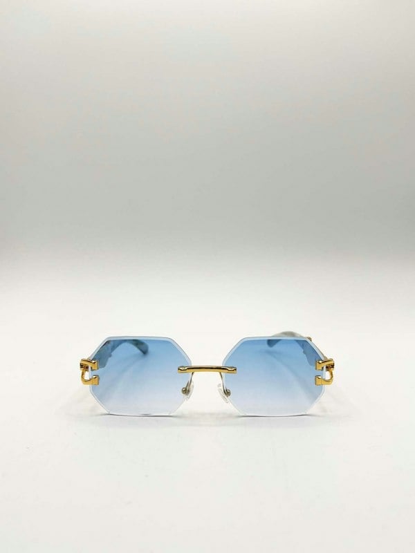 SVNX Rimless Oval Geometric Sunglasses in Gold Blue