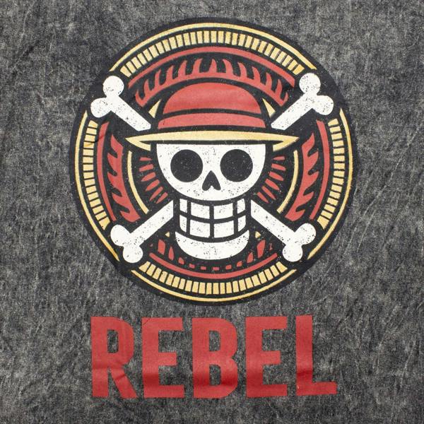 Charcoal stonewashed T-shirt close-up of Rebel skull emblem and REBEL text