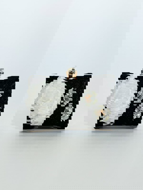 SVNX Square clutch Bag with 3D florals and Rhinestone handle in Black