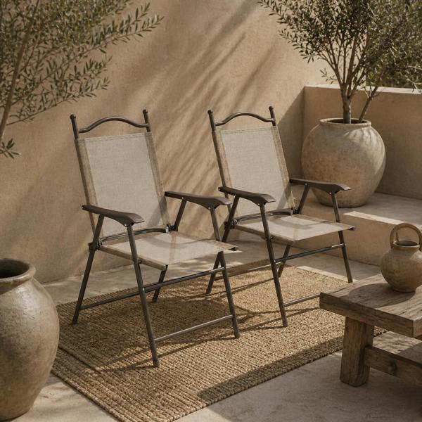 Wyld Haus Hazivi Set Of 2 Cream Mesh and Brown Metal Folding Garden Chairs