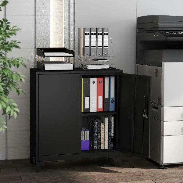 Lockable Metal Filing Cabinet, 2-Tier Storage Cupboard with Double Doors, Modern Office Organiser, Black