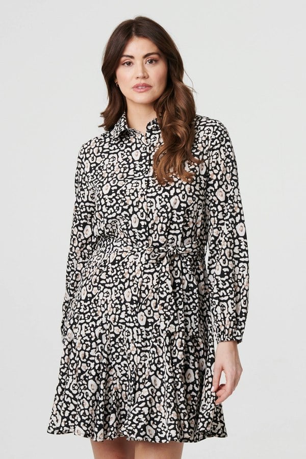 Black | Animal Print Tie Waist Short Shirt Dress

