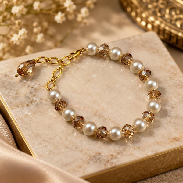 The Colourful Aura Pearl and Champagne Crystal Beaded Bracelet in 18ct Gold Plate