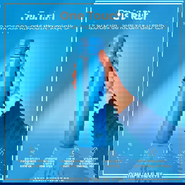 A blue, stainless steel water bottle is being held. Its flip top opens one-handed. The background is light blue. "One Touch," "Flip top opens one-handed with a simple click," "Flips open with a simple click," "One-handed use on the go," "Triple lock security," "100% leak proof - no twisting, no leaks," and "QUENCH STAINLESS STEEL" are visible text.