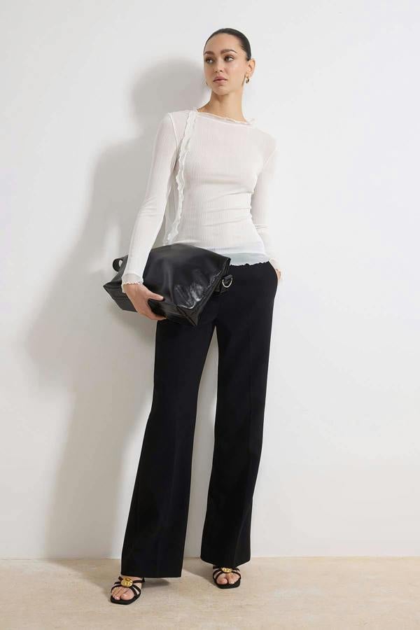 WOVCOR Transparent Fitted Long Sleeve Frill Detail Textured Knit Blouse