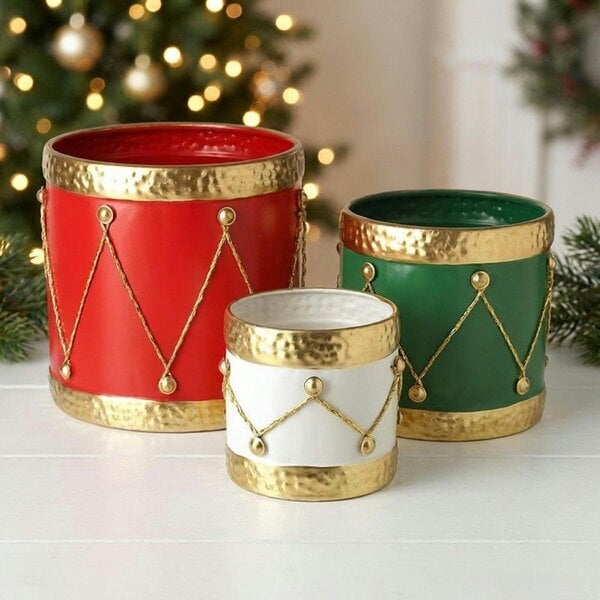 Garden Greatness Festive Metal Drum Pot Set with Gold Detail