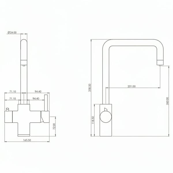 Technical drawing of a Boha boiling water tap with dimensions