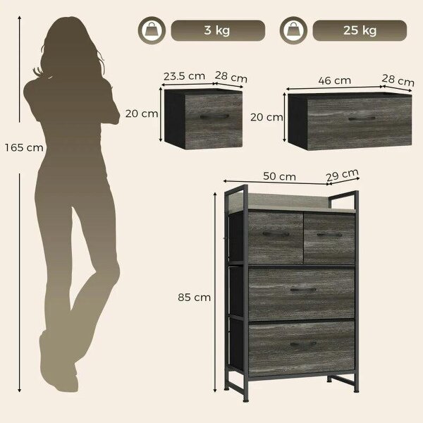 Rustic Chest of Four Fabric Drawers - Grey Wood Effect
