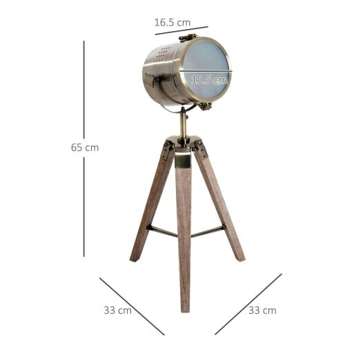 Wyld Haus Vidira Wood And Metal Brass Vintage Tripod Table Lamp With Spotlight Head