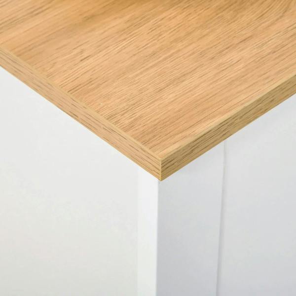 Wood-look tabletop corner on white shoe cabinet with clean edges