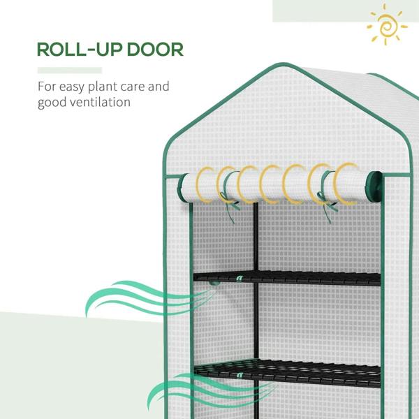 Mini greenhouse roll-up door with rolled PE cover, white frame and wire shelves