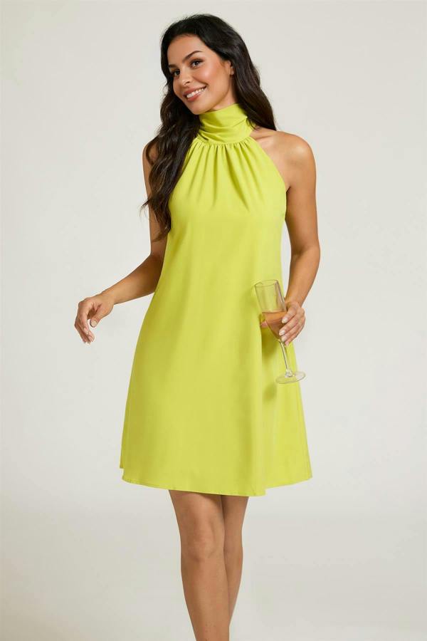 FS Collection Halter Neck Tie Back Mini Dress In Lime