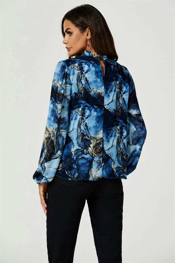 FS Collection Marble Print Long Sleeve High Neck Top In Navy