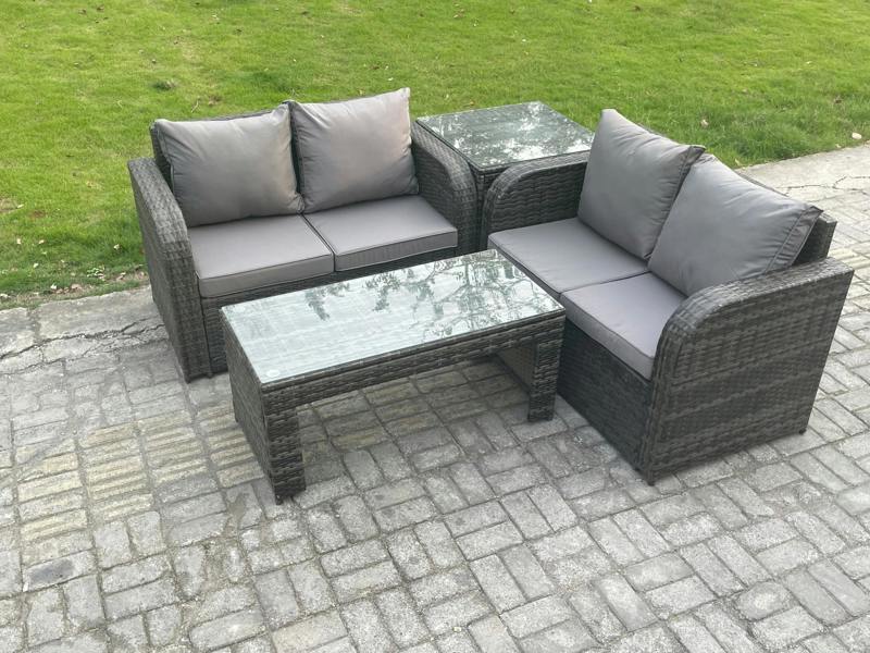 Fimous High Back Rattan Garden Furniture Set with Loveseat Sofa Rectangular Coffee Table Indoor Outdoor Patio Lounge Sofa Set