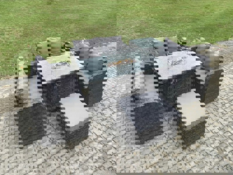Fimous Rattan Outdoor Garden Furniture Sofa Set Gas Fire Pit Dining Table Gas Heater with Side Table Love Sofa Big Footstool Dark Grey Mixed