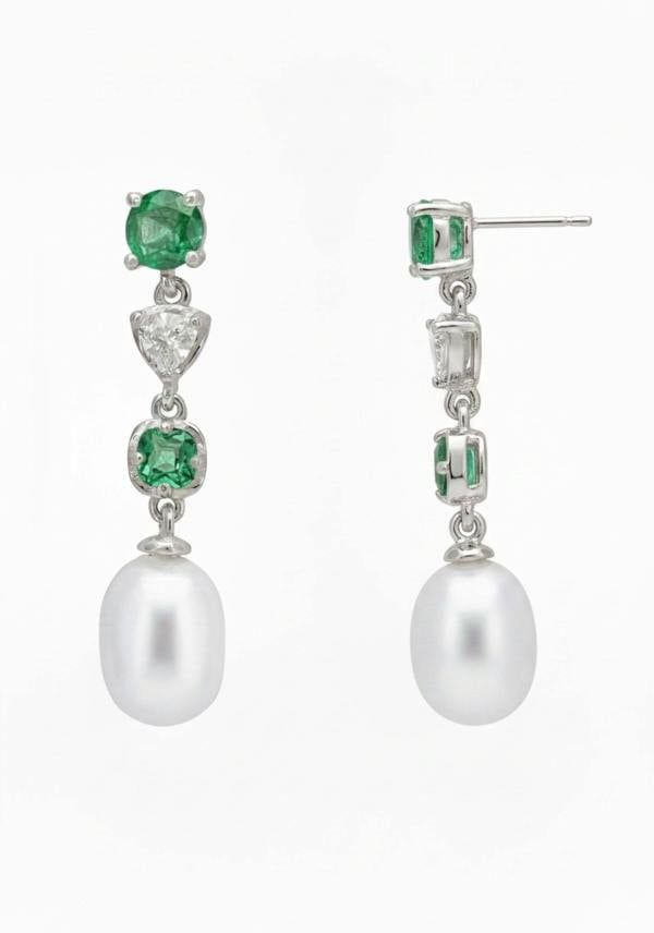 Latelita Pearl Whisper Drop Earrings Colombian Emerald Silver