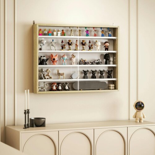 Wyld Haus Nivise Wood And Glass Natural Finish 5 Tier Wall Display Cabinet With Adjustable Shelves 60 x 80 cm