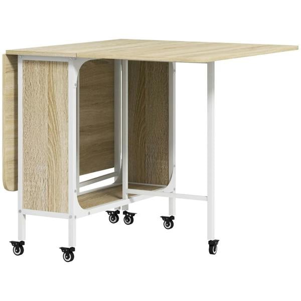 Natural wood drop-leaf dining table with white frame and rolling caster legs