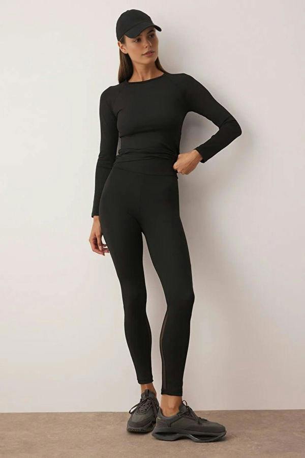 WOVCOR Full Length Knitted Sports Leggings with Tulle Details