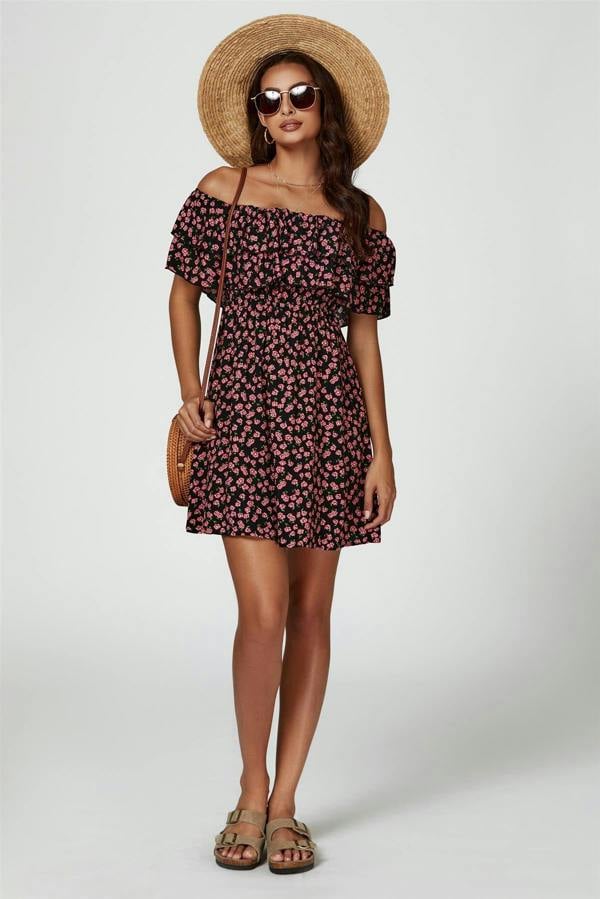 FS Collection Floral Print Bardot Frill Mini Dress In Black