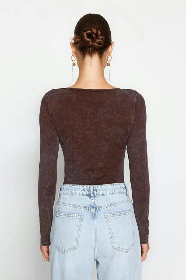 WOVCOR Cotton Long Sleeve Knitted Bodysuit with Faded Effect