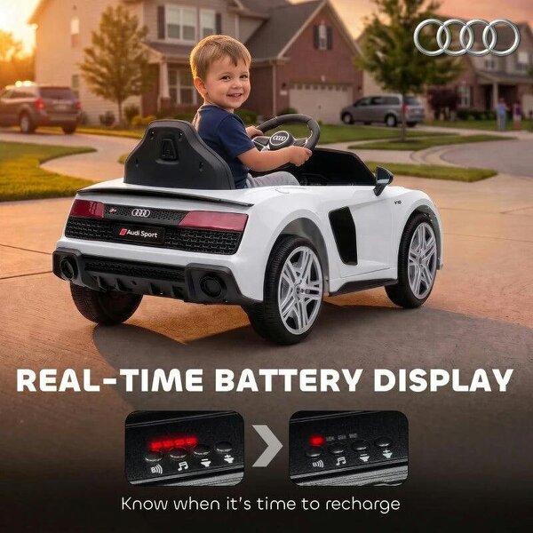 Licensed Audi R8 Spyder 12V Electric Car for Kids with Remote Control, Dual Motors, Rear Suspension, Soft Start, White