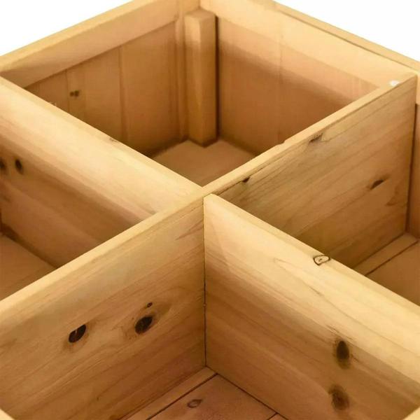 Wooden planter compartment divider in a divided 8-section frame, oak tone