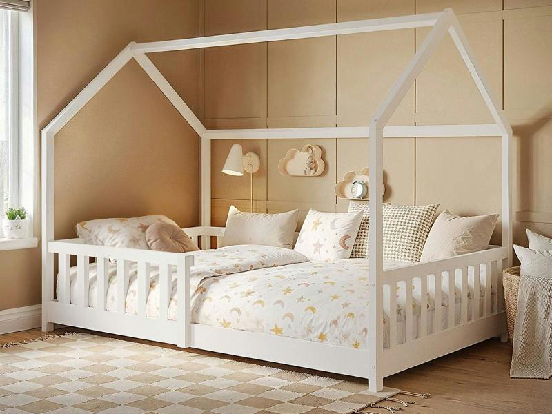 Explorer Small Double Play House Floor Bed with Rails Wooden White