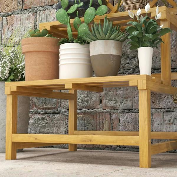Lower wooden plant stand frame with trellis backdrop and multiple potted plants