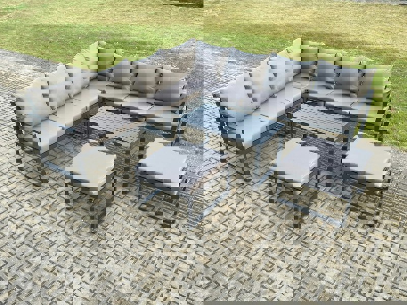 Fimous Aluminium Outdoor Garden Furniture Set Lounge Corner Sofa Oblong Coffee Table Sets with 2 Big Footstools Dark Grey