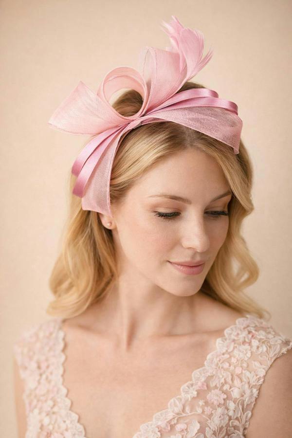 Bow Shaped Fascinator with Satin Loops & Feathers in Pink - svnx