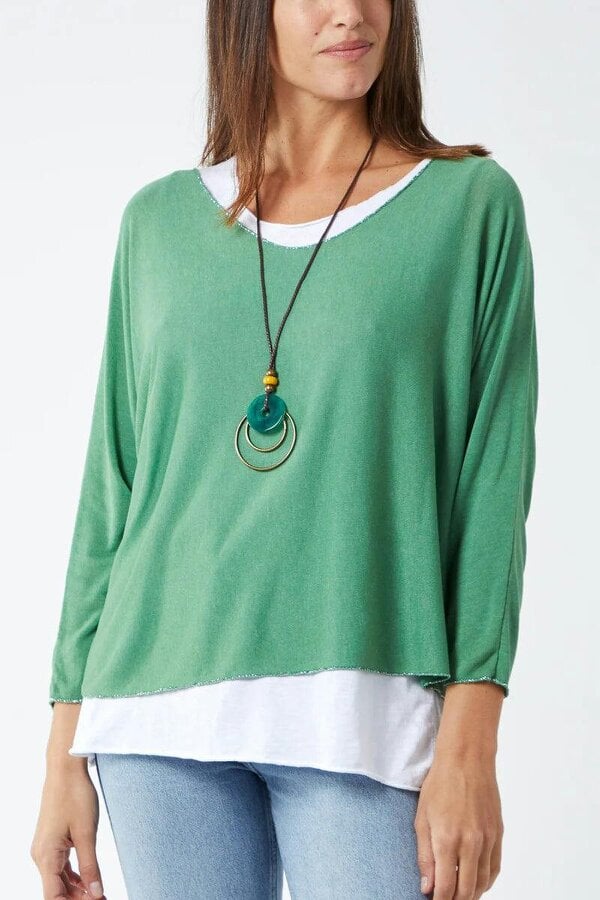 Hoxton Gal Oversized Long Sleeves Layered Blouse With Necklace In Light Green And White