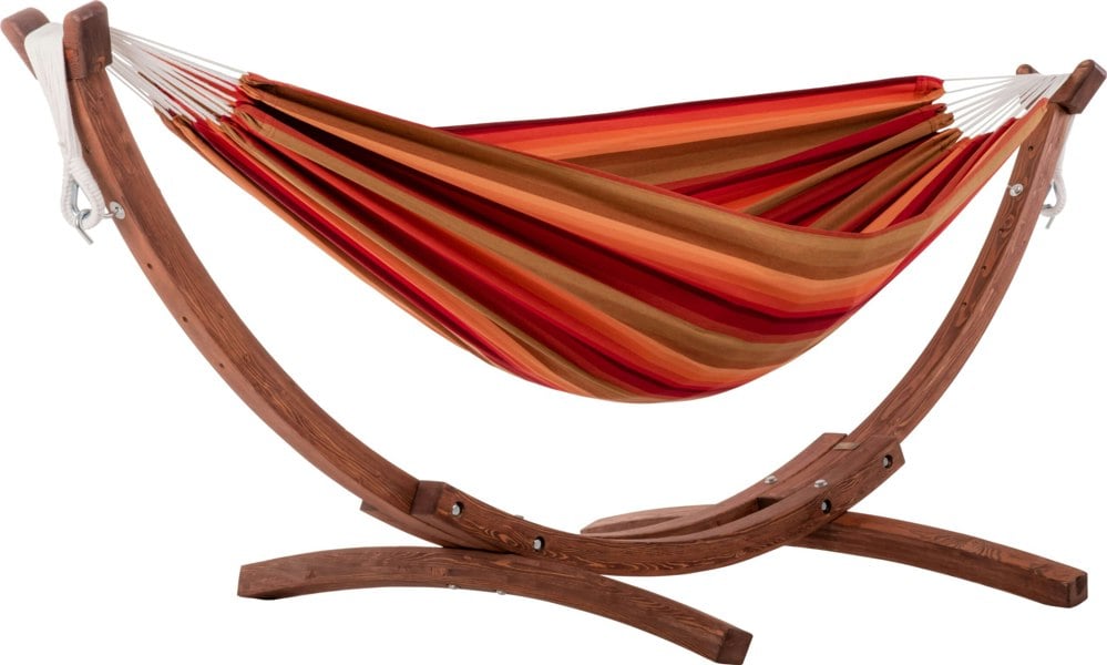 Vivere Double Sunbrella Hammock with Solid Pine Arc Stand - Sunset