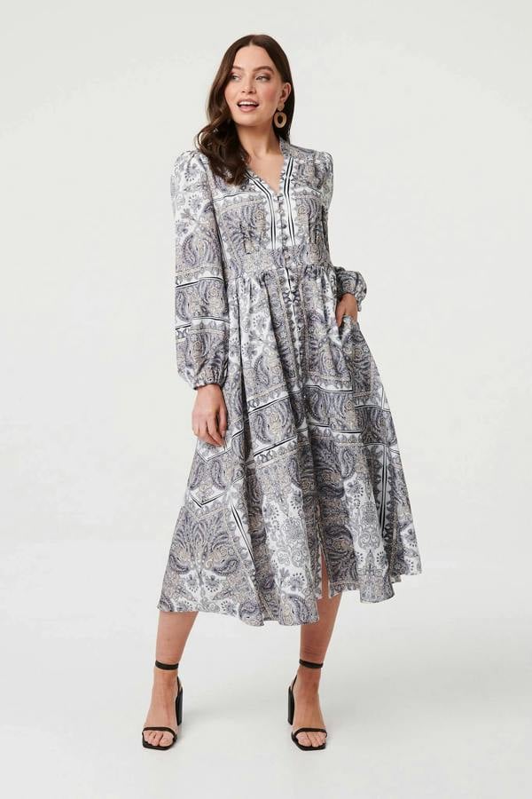 Grey | Printed Long Sleeve Shirred Midi Dress