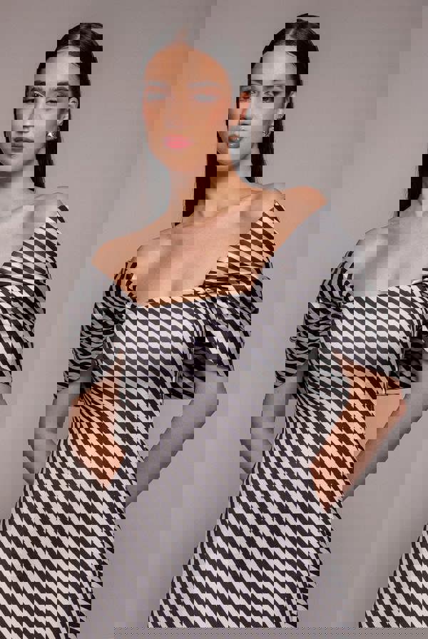 Stripe Off Shoulder Bow Back Satin Bow Mini Dress - Black White DR5053