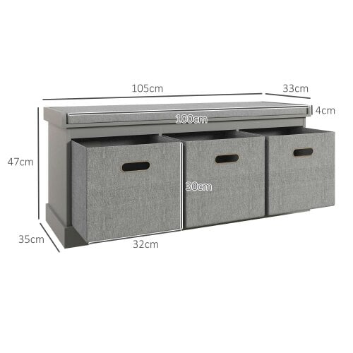 Wyld Haus Marari Wooden Grey 3 Drawer Shoe Storage Bench With Padded Seat