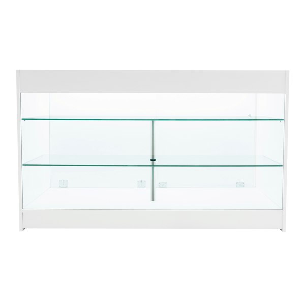 LED retail shop counter K1500 in sleek white with glass shelves, showcasing a modern design and bright interior lighting for product display