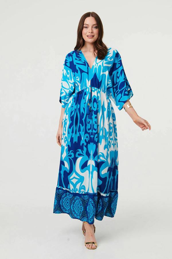 Blue | Abstract 3/4 Sleeve Relaxed Maxi Dress