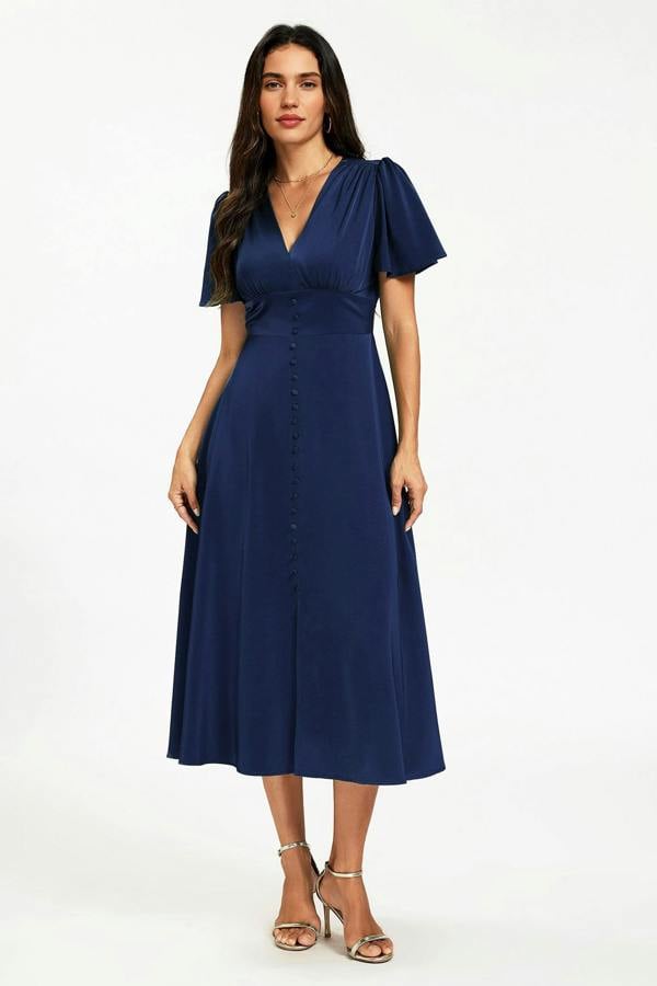 FS Collection Satin V neckline Button Detail Dress In Navy
