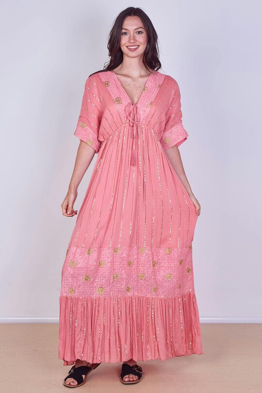Boho Sequin Square Embroidered Maxi Dress